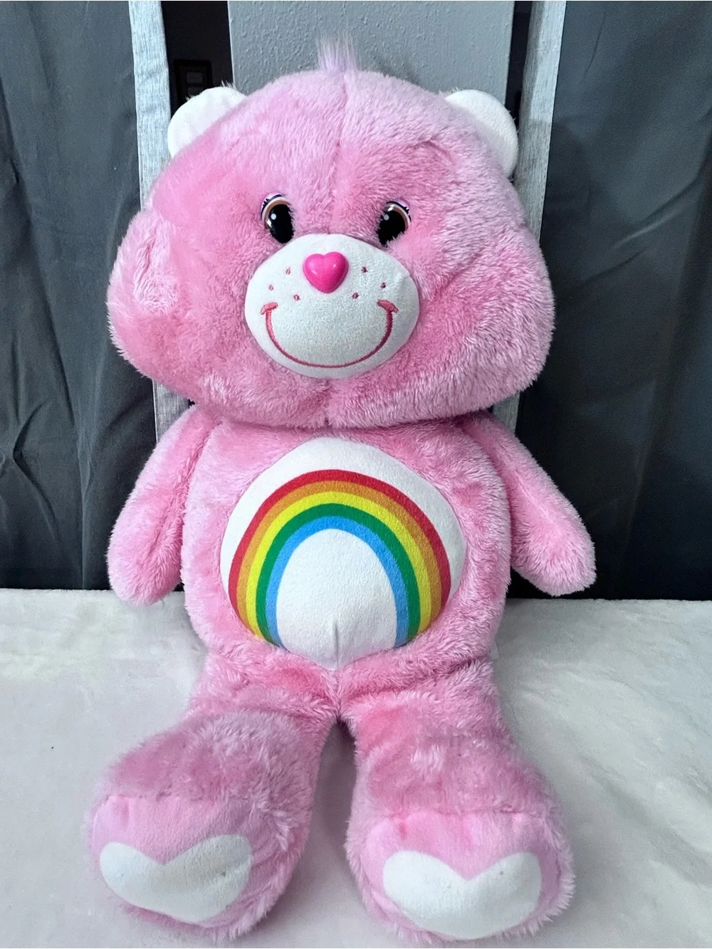 Care Bears Pink Plush Stuffed Bear with Rainbow Belly Emblem Heart Brand Logo